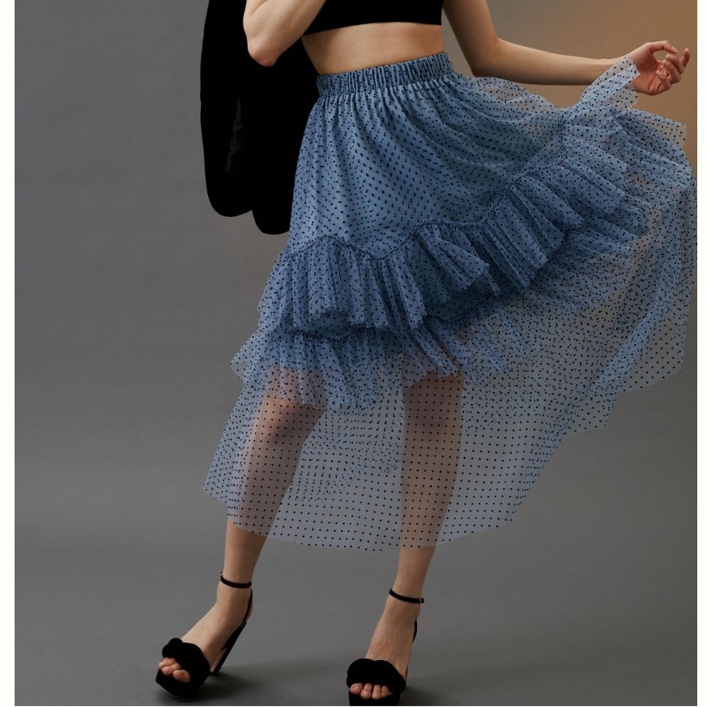 Anthropologie Blue Polka-Dot Tiered Midi Skirt